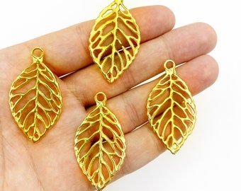 Leaf Charms Earring, 24k Shiny Gold Plated Leaf Charms, Connector, Pendant, Jewelry Supplies, Fligree Leaf, Necklace, Valentine’s Day Gift