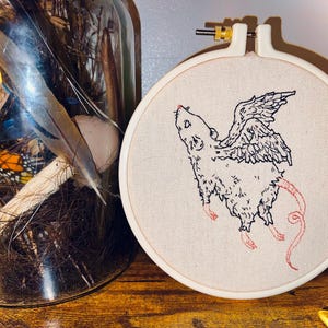 Handcrafted 6-inch hoop embroidery Rat with wings (Saint Ratticus), Custom Decor
