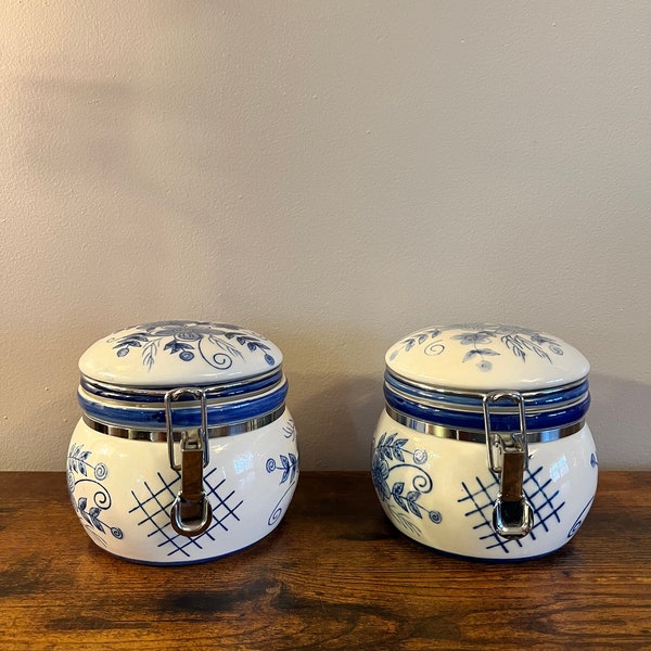 Two (2) Beautiful White With Blue Floral Canisters With Locking Lid