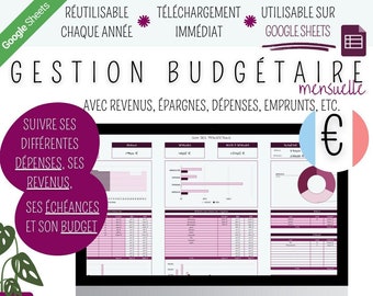 Feuille de Calcul Google Sheets, Gestion Budgétaire mensuelle - Revenus, Dépenses, Emprunts, Épargnes/Indicateurs/Planificateur/EUR/Français