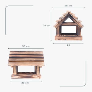May include: Wooden bird feeder with a house-like design. The feeder is 28 cm tall and 26 cm wide, with a roof made of small wooden tiles. The base is 29 cm wide and 35 cm long. The wood has a dark, stained finish.
