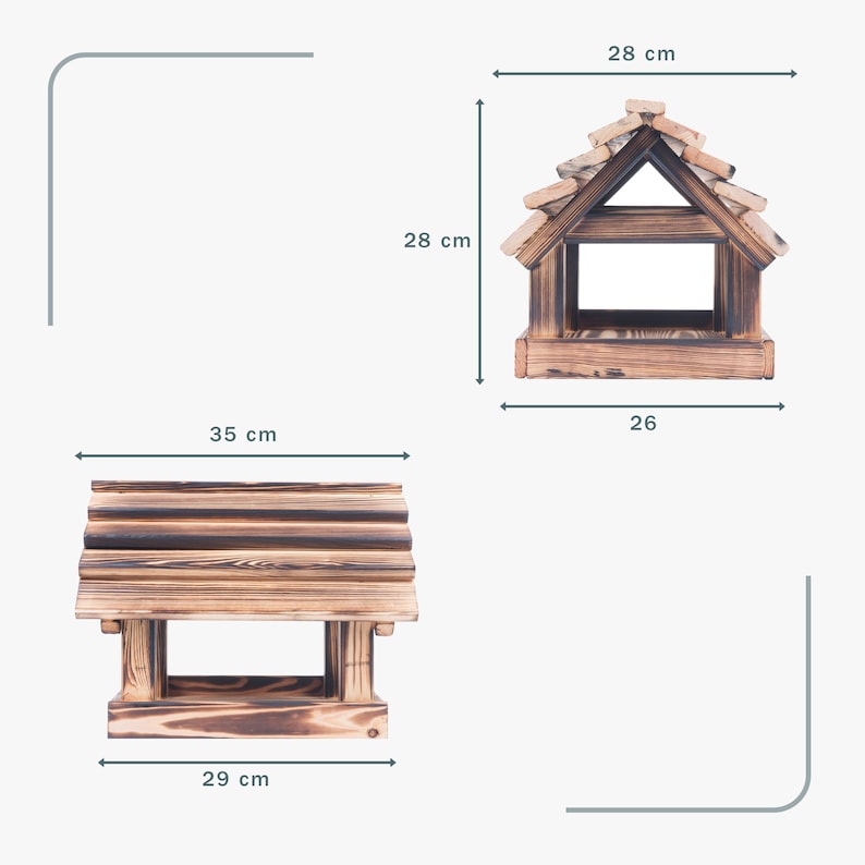 May include: Wooden bird feeder with a house-like design. The feeder is 28 cm tall and 26 cm wide, with a roof made of small wooden tiles. The base is 29 cm wide and 35 cm long. The wood has a dark, stained finish.