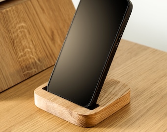 Supporto per telefono in legno di quercia: organizer da scrivania minimalista