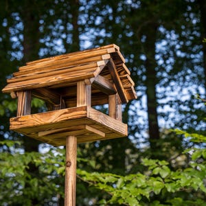 May include: A wooden birdhouse with a pitched roof and a square base, mounted on a wooden pole. The birdhouse is made of light brown wood and has a natural finish. The background features lush green foliage and trees.