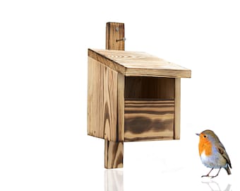 Half-open nesting box, hanging nesting box, charred wood, entrance hole 11 x 5 cm with nails for mounting, suitable for blackbirds, robins