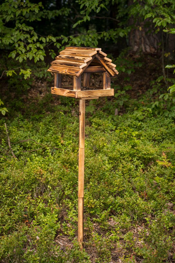 Handmade Charred Wood Standing Bird Feeder: Garden Balcony Decor