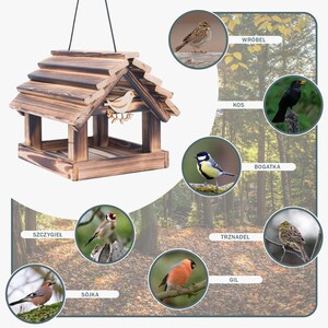 May include: A rustic, wooden bird feeder with a sloped roof and a decorative bird cutout. The feeder is suspended by a black cord. The image also features several illustrations of different bird species, including a blackbird, a goldfinch, and a blue tit.