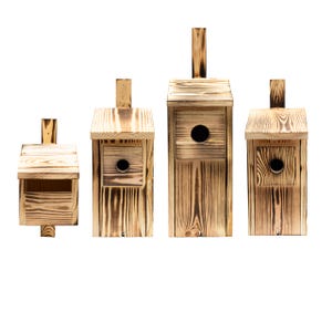 Op de afbeelding: Vier houten vogelhuisjes in verschillende maten, allemaal met een rustieke, gebrande houtlook. De vogelhuisjes hebben een eenvoudig ontwerp met een enkele opening voor vogels.