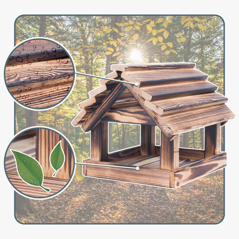 May include: A wooden bird feeder with a rustic design. The birdhouse is constructed from dark brown wood and features a sloped roof. The feeder has an open design, allowing easy access for birds. The background shows a forest scene with sunlight.