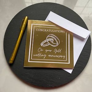 Tarjeta del 50.° aniversario de bodas de oro + bolígrafo dorado metálico / tarjeta de lujo con papel metalizado