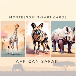 AFRICAN SAFARI ANIMALS Montessori 3-part cards Flashcards
