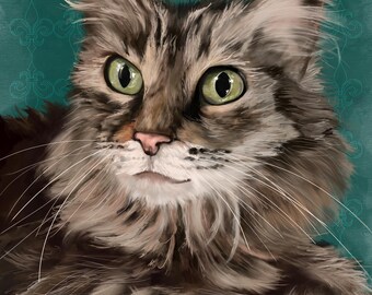 Può includere: Dipinto digitale di un gatto soffice con occhi verdi e naso rosa. Il gatto ha pelo marrone e grigio con lunghi baffi. Lo sfondo è turchese con un motivo a giglio.