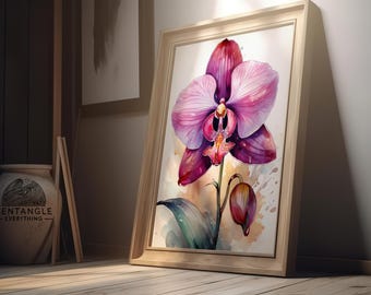 Botanisk konstillustration, blomtryck, elegant orkidé akvarell clipart, utskrivbar väggdekor, digital nedladdningsbar konst