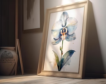 Botanisk konstillustration, blomtryck, elegant orkidé akvarell clipart, utskrivbar väggdekor, digital nedladdningsbar konst