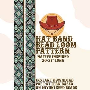 Puede incluir: Un patrón de descarga digital para una banda de sombrero de cuentas. El patrón está inspirado en diseños nativos americanos y tiene 50-53 cm de largo. El patrón está basado en cuentas de semillas Miyuki.