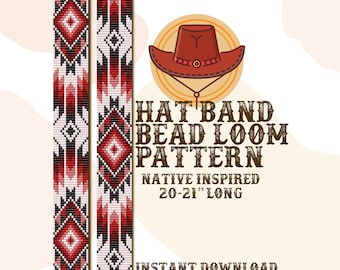May include: A digital pattern for a beaded hat band, inspired by Native American designs. The pattern is for a 20-21 inch long hat band and is based on Miyuki seed beads. The image shows a red, white, and black geometric pattern.