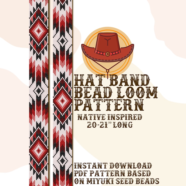 Peut inclure: Un motif num&eacute;rique pour un bandeau de chapeau perl&eacute;, inspir&eacute; des motifs am&eacute;rindiens. Le motif est pour un bandeau de chapeau de 50 &agrave; 53 cm de long et est bas&eacute; sur des perles de rocaille Miyuki. L'image montre un motif g&eacute;om&eacute;trique rouge, blanc et noir.