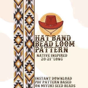 Könnte beinhalten: Ein digitales Muster für ein von amerikanischen Ureinwohnern inspiriertes Hutband, hergestellt mit Perlen. Das Muster ist 50-53 cm lang und für das Weben auf einem Perlenwebstuhl konzipiert. Das Bild zeigt eine Nahaufnahme des Musters und eine Cartoon-Illustration eines Cowboyhutes.