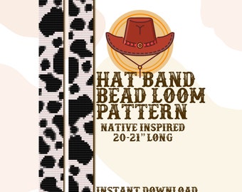 May include: A digital pattern for a beaded hat band, featuring a black and white cow print design. The pattern is 20-21 inches long and is inspired by Native American designs. The pattern is for use with Miyuki seed beads.