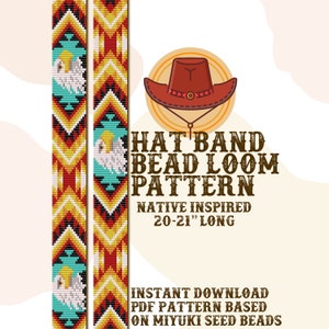 Könnte beinhalten: Ein digitaler Download-Muster für ein indianisch inspiriertes geperltes Hutband. Das Muster ist für ein 50-53 cm langes Hutband und basiert auf Miyuki-Perlen.