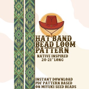 May include: A bead loom pattern for a hat band, inspired by Native American designs. The pattern is 20-21 inches long and is based on Miyuki seed beads. The image shows a red cowboy hat with a brown band and a beaded pattern.