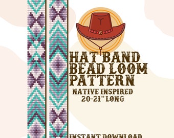 May include: A digital pattern for a beaded hat band, inspired by Native American designs. The pattern is for a 20-21 inch long hat band and is based on Miyuki seed beads. The pattern includes a colorful illustration of the finished hat band.