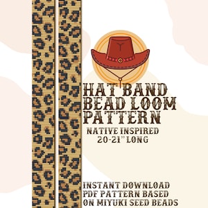 Könnte beinhalten: Ein digitales Muster für ein geperltes Hutband mit Leopardenmuster. Das Muster ist 50-53 cm lang und basiert auf Miyuki-Perlen. Das Bild zeigt auch eine Cartoon-Illustration eines Cowboyhuts.