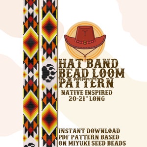 May include: A digital pattern for a Native American inspired hat band, made with seed beads. The pattern is 20-21 inches long and is for bead loom weaving. The pattern is available as an instant download.