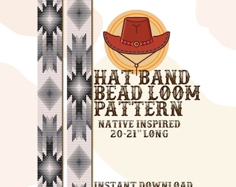 May include: A digital pattern for a Native American inspired hat band, featuring a geometric design in black, white, and gray. The pattern is 20-21 inches long and is based on Miyuki seed beads. The image also includes a cartoon illustration of a cowboy hat.