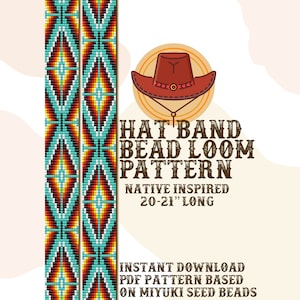 Op de afbeelding: Een digitaal patroon voor een Native American geïnspireerd hoedband, 50-53 cm lang, gemaakt met zaadkraaltjes. Het patroon is voor kralenweefgetouw weven en is beschikbaar als directe download.