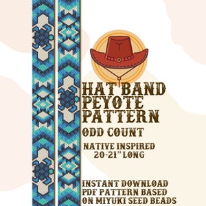 Op de afbeelding: Een digitaal downloadpatroon voor een peyote-steek hoedband. Het patroon is geïnspireerd op Native American ontwerpen en is 50-53 cm lang. Het patroon is voor een oneven peyote-steek en is gebaseerd op Miyuki zaadkraaltjes.