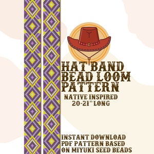 Könnte beinhalten: Ein digitales Muster für ein geper letztes Hutband, inspiriert von indianischen Designs. Das Muster ist für ein 50-53 cm langes Hutband und basiert auf Miyuki-Perlen. Das Bild zeigt ein farbenfrohes Perlenmuster mit einer Cowboyhut-Illustration.