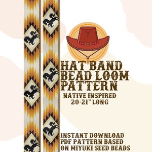May include: A digital download pattern for a Native American inspired hat band bead loom project. The pattern is for a hat band that is 20-21 inches long and uses Miyuki seed beads.