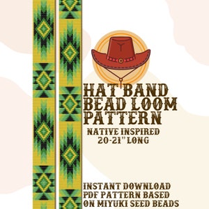 Patrón de banda de sombrero verde amarillo - Patrón de telar de cuentas nativas de banda de sombrero - Descarga instantánea en PDF - basado en Miyuki Seed Beads 11/0