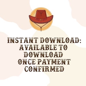 Peut inclure: Un chapeau de cowboy marron avec un bandeau rouge et une boucle dor&eacute;e. Le texte "INSTANT DOWNLOAD: AVAILABLE TO DOWNLOAD ONCE PAYMENT CONFIRMED" est sous le chapeau.