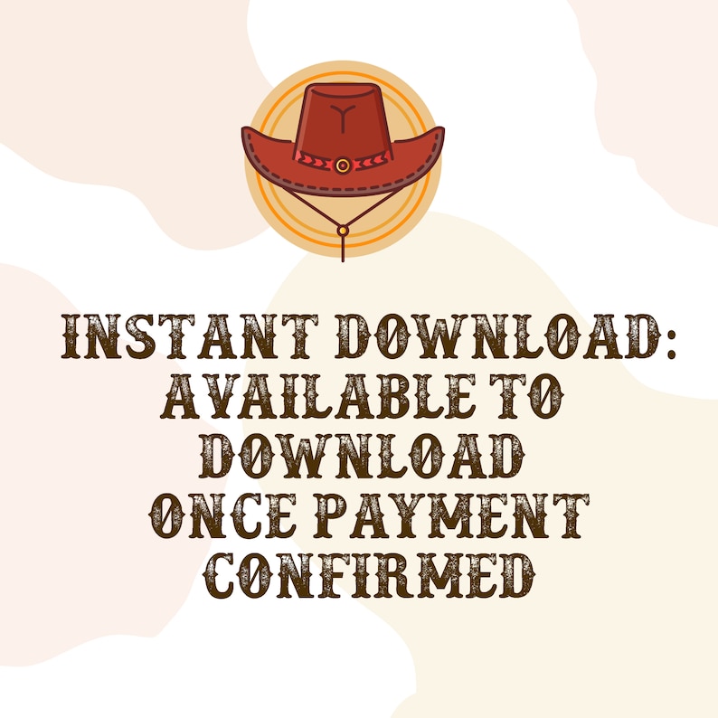Peut inclure: Un chapeau de cowboy marron avec un bandeau rouge et une boucle dor&eacute;e. Le texte "INSTANT DOWNLOAD: AVAILABLE TO DOWNLOAD ONCE PAYMENT CONFIRMED" est sous le chapeau.