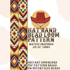 Op de afbeelding: Een digitaal patroon voor een Native American geïnspireerd kralen-hoedband. Het patroon is 50-53 cm lang en is gebaseerd op Miyuki zaadkraaltjes. Het patroon is direct te downloaden.