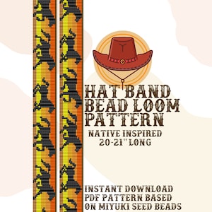Puede incluir: Un patrón de telar de cuentas para una banda de sombrero, inspirado en diseños nativos americanos. El patrón tiene 50-53 cm de largo y está basado en cuentas de semillas Miyuki. El patrón se muestra en cuentas negras, amarillas y naranjas. La imagen también incluye una ilustración de dibujos animados de un sombrero de vaquero.