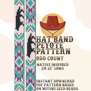 May include: A digital download pattern for a peyote stitch hat band. The pattern is inspired by Native American designs and is 20-21 inches long. The pattern is based on Miyuki seed beads.