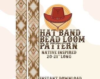 May include: A digital pattern for a Native American inspired hat band, made with seed beads. The pattern is 20-21 inches long and is based on Miyuki seed beads. The image shows a cartoon cowboy hat with a red band and a brown brim.