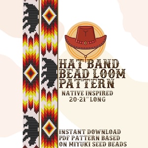 May include: A digital pattern for a Native American inspired hat band, featuring a geometric design with black bears and a red, yellow, and white color scheme. The pattern is 20-21 inches long and is based on Miyuki seed beads.