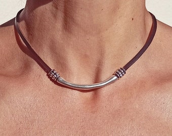 Leather Necklace for Women, Silver Beaded Necklace, Everyday Necklace, Boho Necklace, Boho Jewelry, Silver Necklace, Bohemian Jewelry, Endia