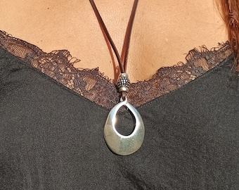 Silver Ring Necklace for Women, Long Necklace, Long Leather Necklace, Women Necklace, Silver Fashion Jewelry, Statement Necklace, EndiaSoul