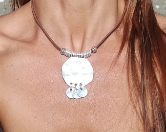 Silver Pendant Necklace for Women, Statement Necklace, Leather Necklace, Women Necklace, Boho Jewelry, Boho Necklace, Bohemian Necklace