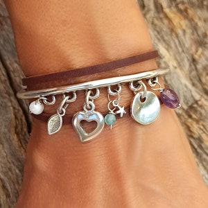 Wrap leather bracelet for women, silver cuff bracelet with charms, silver tube striking bracelet, boho bracelet, boho jewelry for women gift