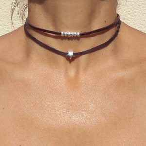 Collana girocollo in pelle per donna, girocollo a stella, collana a stella in argento, collana importante, collana da donna, collana in pelle, girocollo in corda