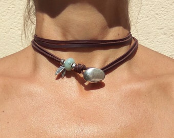 Collana Boho, collana con cordino, collana girocollo avvolgente in pelle da donna, collana con cordino in pelle, girocollo hippie, gioielli boho, collana boho