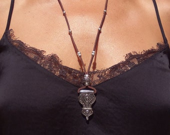 Long Necklace for Women, Leather Necklace, Boho Jewelry, Boho Necklace, Boho Pendant Necklace, Silver Pendant Necklace, Bohemian Jewelry