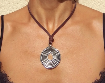 Silver Pendant Necklace for Women, Zamak Necklace, Women Necklace, Leather Necklace, Bohemian Jewelry, Boho Necklace, Bohemian Necklace
