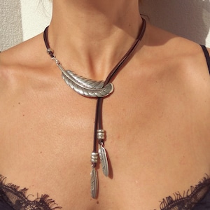 Feather Necklace for Women, Lariat Women Necklace, Silver Feather Necklace, Feather Jewelry, Feather Choker, Boho Jewelry, Boho Necklace